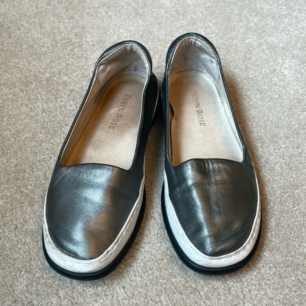 Taryn Rose Fressa pewter metallic leather slip on flats